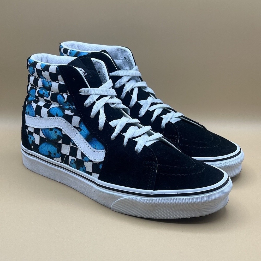 Vans Sk8 Hi Blue Butterfly Checkerboard High Top Shoes - Women's Size 9.5 USED
